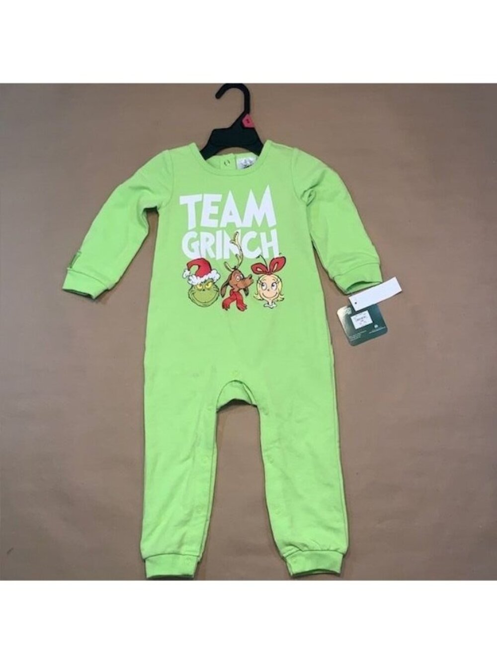 Team Grinch Christmas One Piece Baby Outfit Green Log Sleeve Size 18 Months NWT